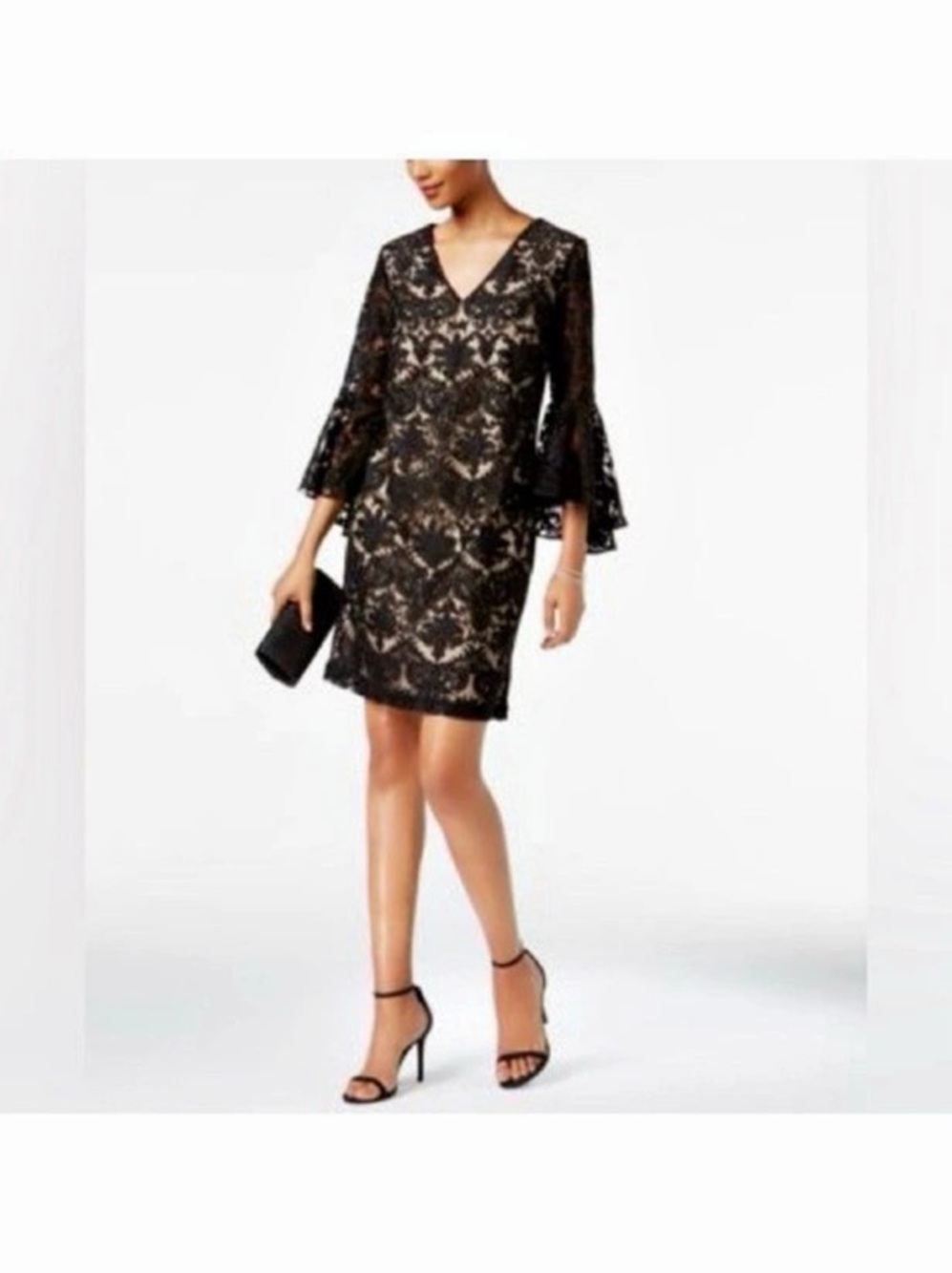 MSK Lace Bell-Sleeve Dress Floral Mini Dress Black & Nude Color Size 8